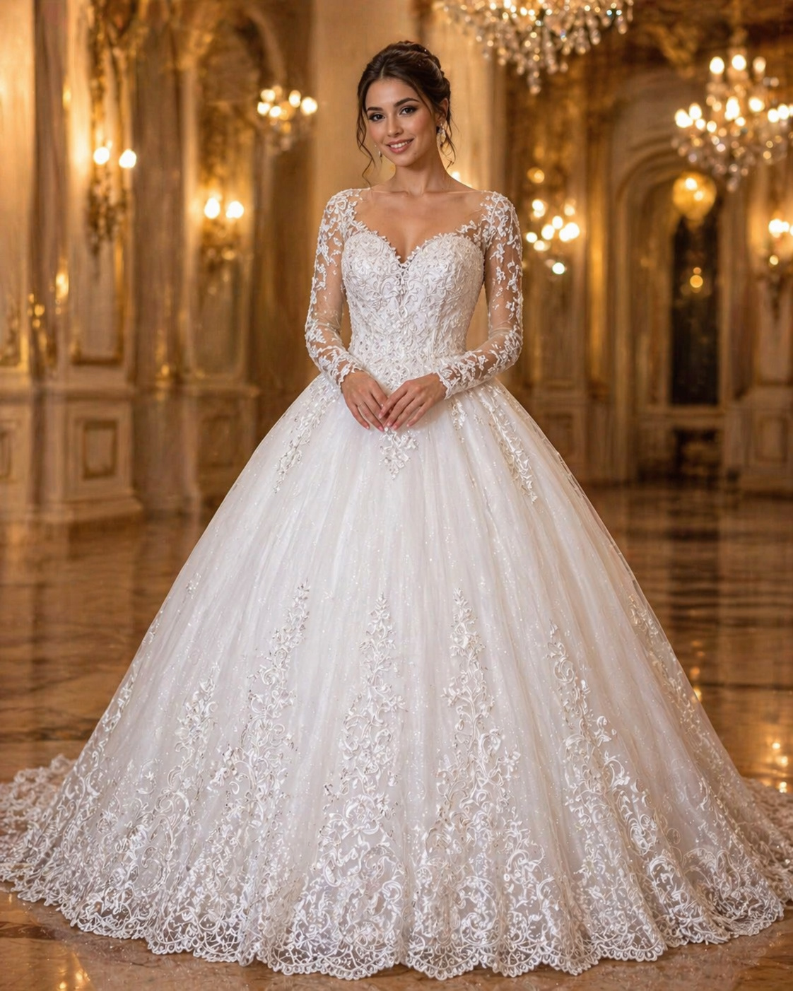 Vestido de Noiva Princesa com Renda Bordada e Mangas Longas (1)