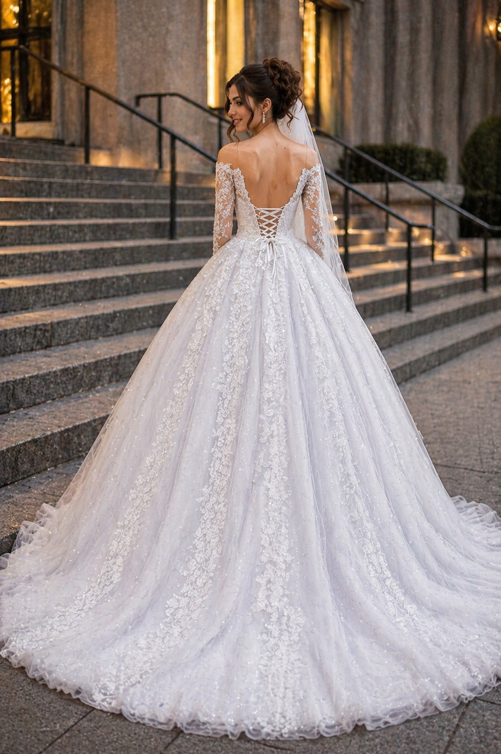 Vestido de Noiva Princesa com Renda Bordada e Mangas Longas (1)1