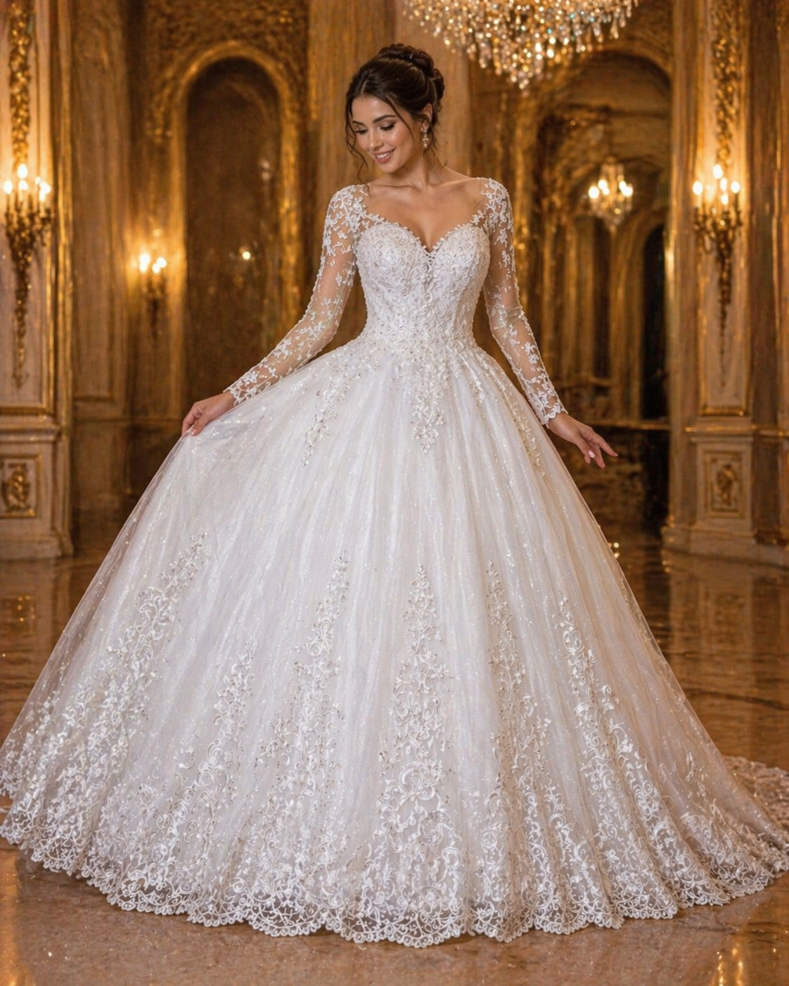 Vestido de Noiva Princesa com Renda Bordada e Mangas Longas (2)