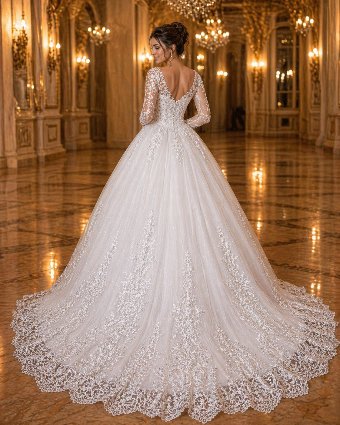 Vestido de Noiva Princesa com Renda Bordada e Mangas Longas (3)