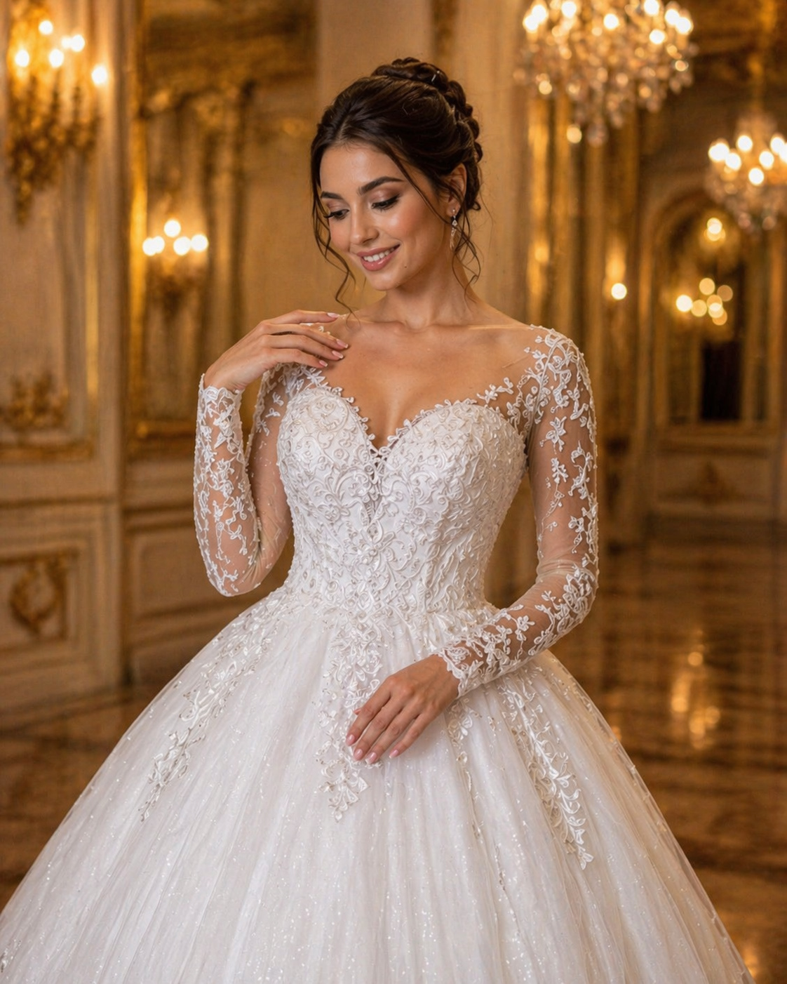 Vestido de Noiva Princesa com Renda Bordada e Mangas Longas (4)
