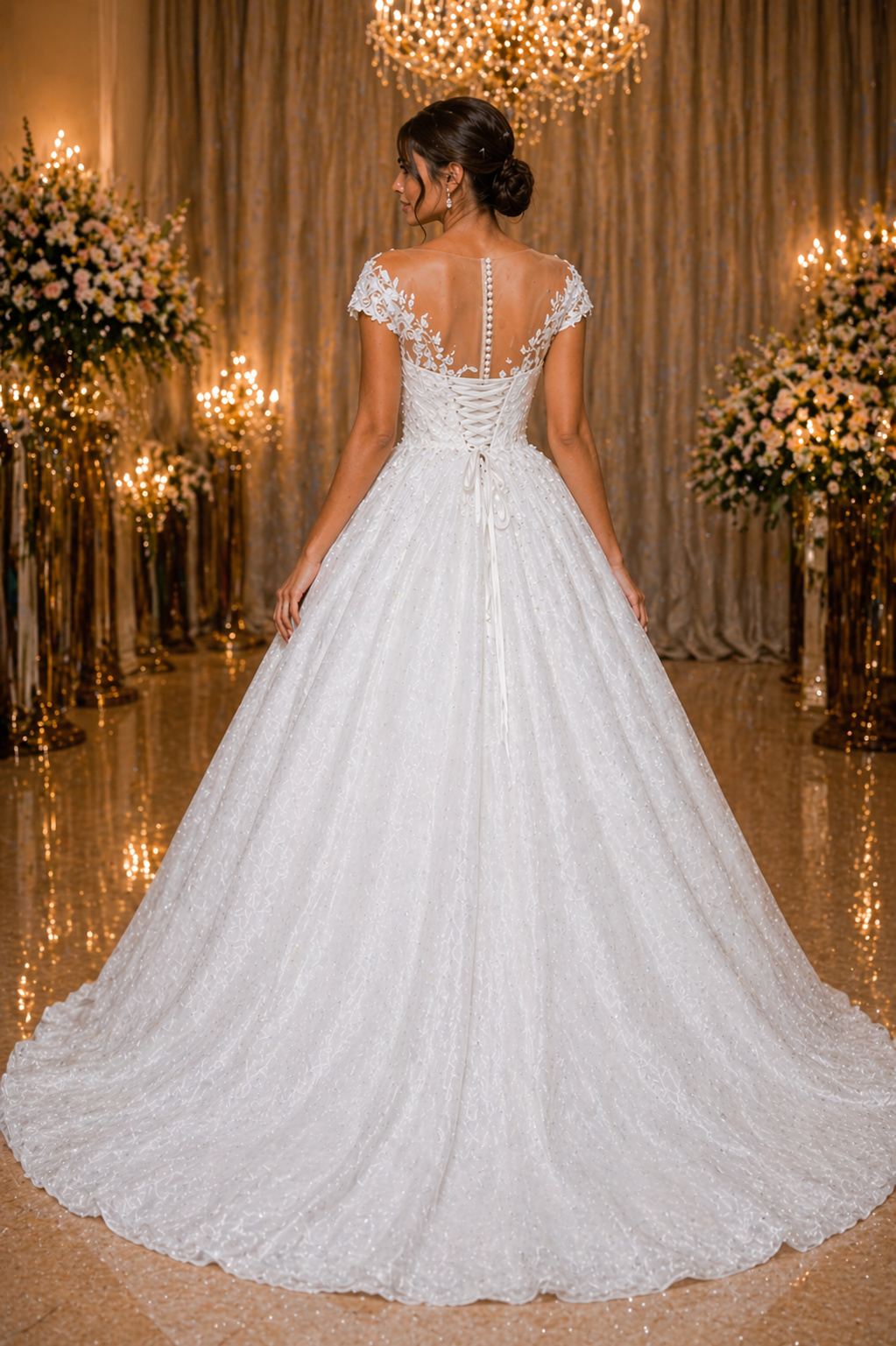 Vestido de Noiva Princesa com Renda e Mangas Curtas (1)