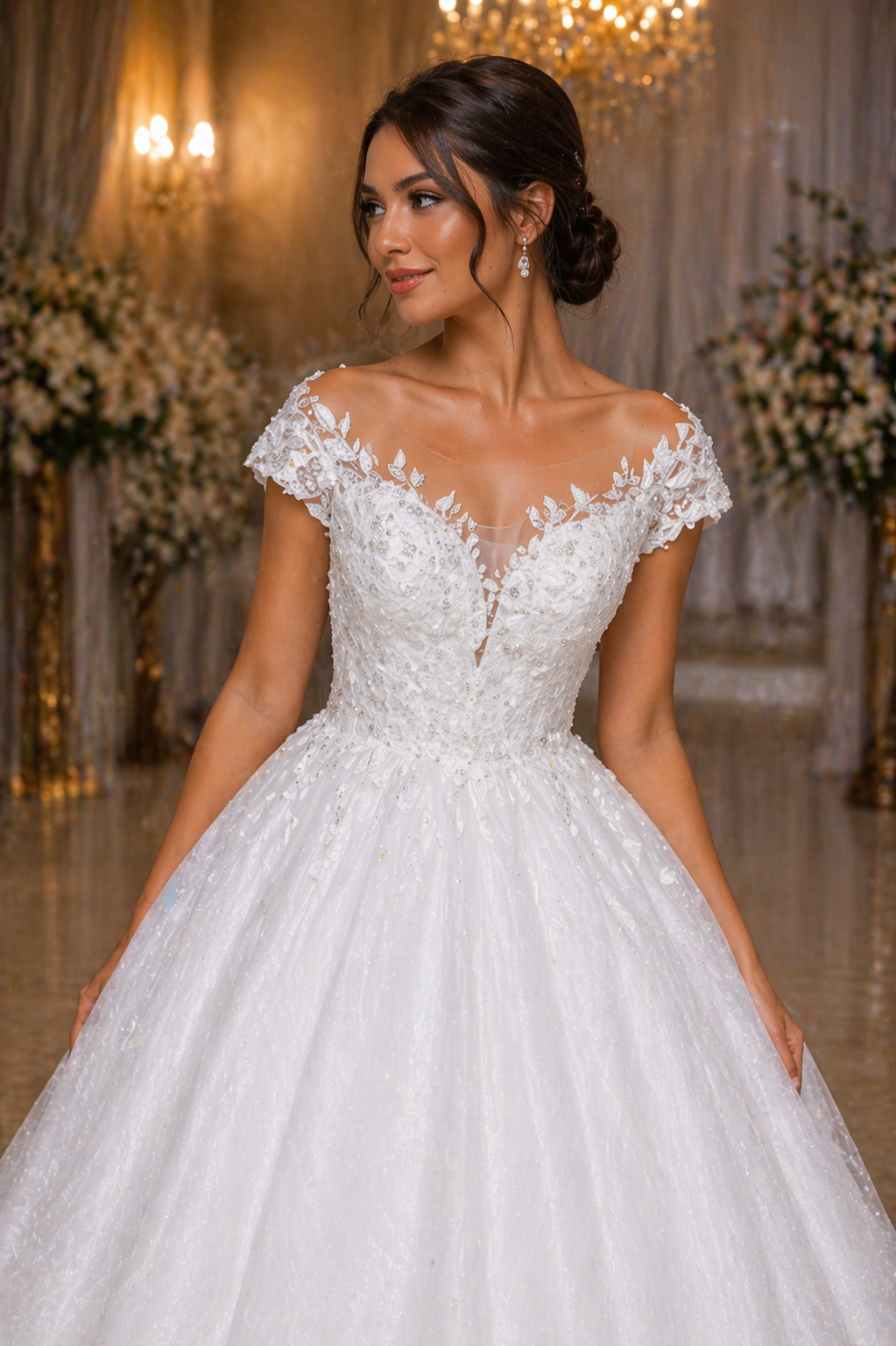 Vestido de Noiva Princesa com Renda e Mangas Curtas (2)