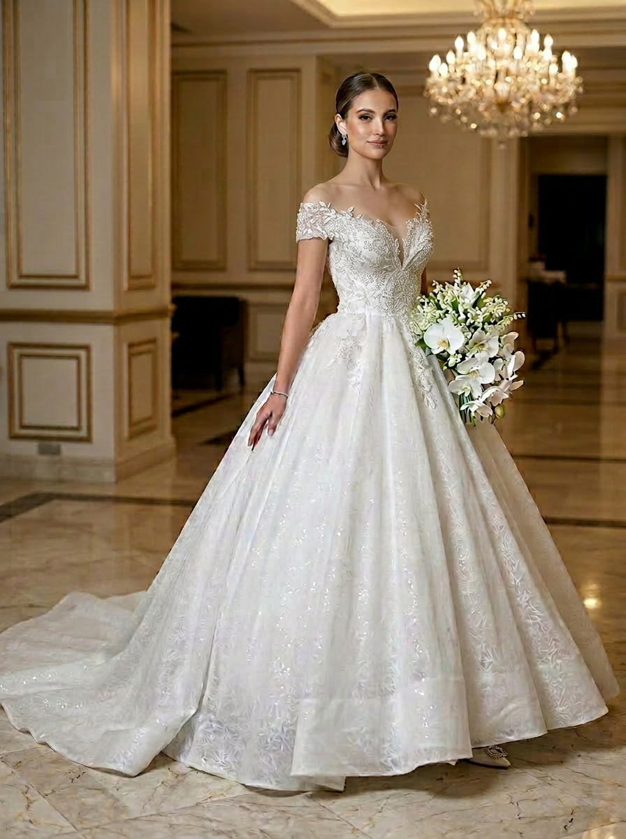 Vestido de Noiva Princesa com Renda e Mangas Curtas (3)