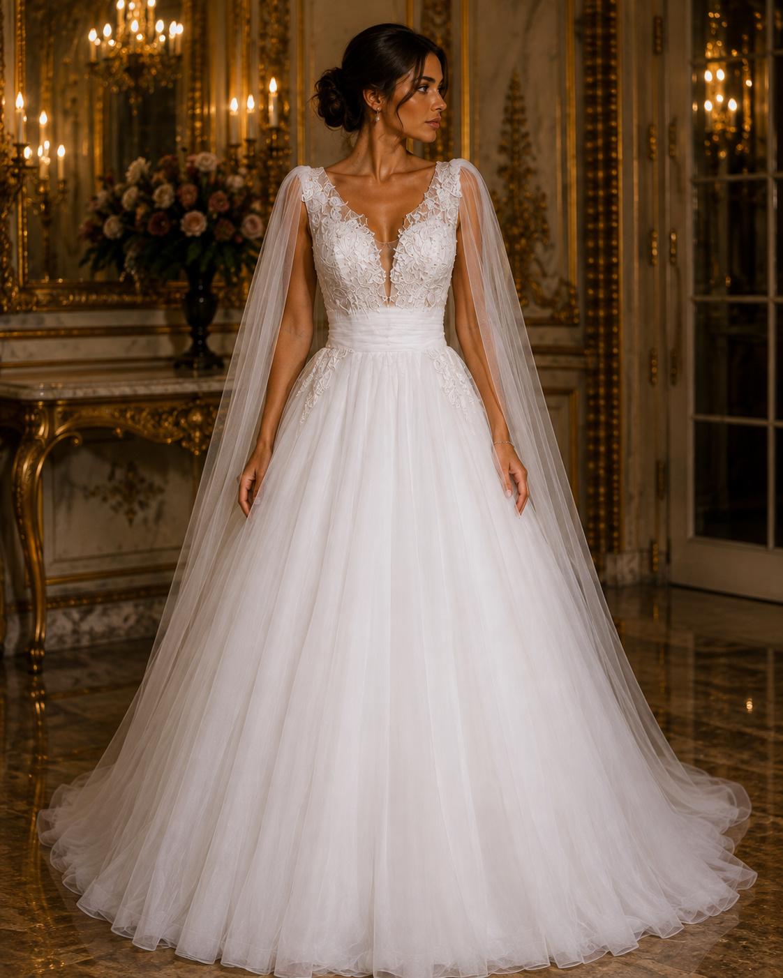 Vestido de Noiva Romântico com Renda e Capa de Tule (1)