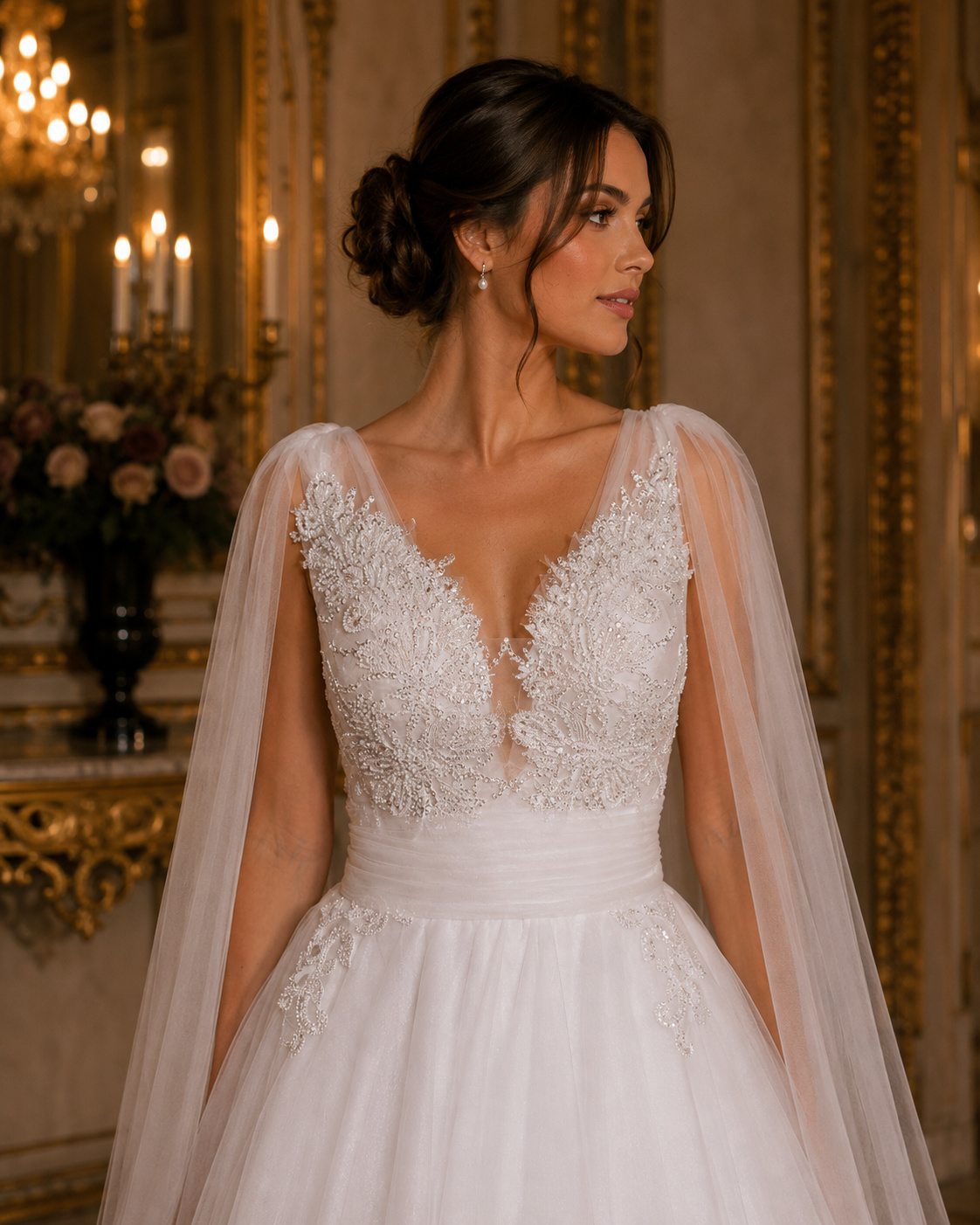 Vestido de Noiva Romântico com Renda e Capa de Tule (3)